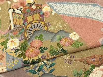 平和屋着物●訪問着　友禅　作家物　駒刺繍　源氏車花楽器文　金彩　正絹　逸品　未使用　AABG4680fy