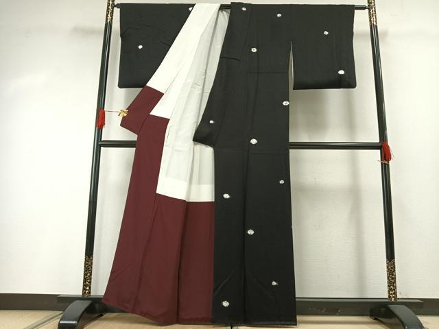平和屋着物●上質な小紋　草花文　黒地　金彩　正絹　逸品　AABG4683fy