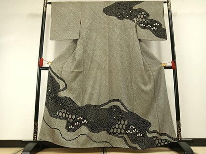 平和屋着物●訪問着　総絞り　流水花文　黒地　正絹　逸品　AABG4684fy