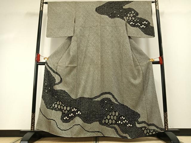 平和屋着物●訪問着　総絞り　流水花文　黒地　正絹　逸品　AABG4684fy