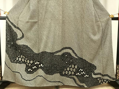 平和屋着物●訪問着　総絞り　流水花文　黒地　正絹　逸品　AABG4684fy