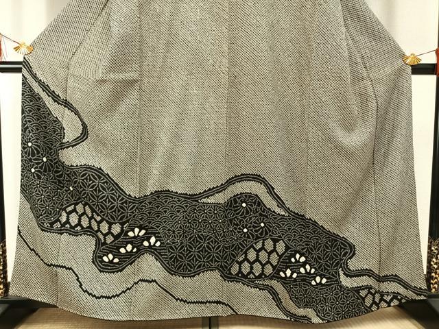 平和屋着物●訪問着　総絞り　流水花文　黒地　正絹　逸品　AABG4684fy