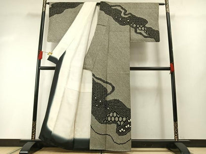 平和屋着物●訪問着　総絞り　流水花文　黒地　正絹　逸品　AABG4684fy