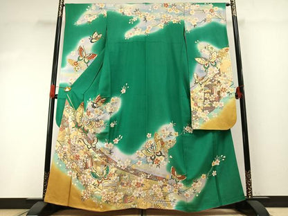 平和屋着物●豪華振袖　駒刺繍　御所車舞蝶花鳥文　暈し染め　金銀彩　銀通し地　正絹　逸品　AABG4697fy