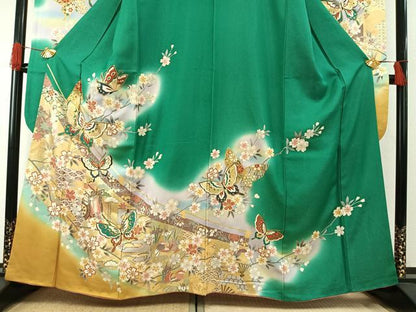 平和屋着物●豪華振袖　駒刺繍　御所車舞蝶花鳥文　暈し染め　金銀彩　銀通し地　正絹　逸品　AABG4697fy