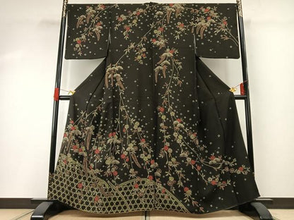 平和屋着物●訪問着　松竹梅　黒地　正絹　逸品　AABG4699fy