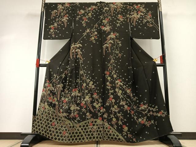 平和屋着物●訪問着　松竹梅　黒地　正絹　逸品　AABG4699fy