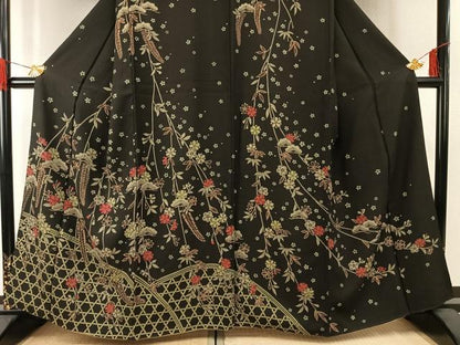 平和屋着物●訪問着　松竹梅　黒地　正絹　逸品　AABG4699fy
