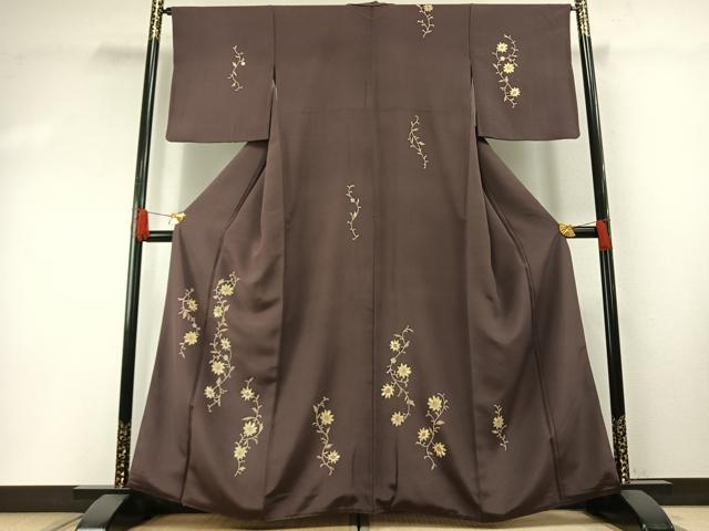 平和屋着物●訪問着　友禅　駒刺繍　花唐草文　滅紫色　金彩　正絹　逸品　AABG4702fy