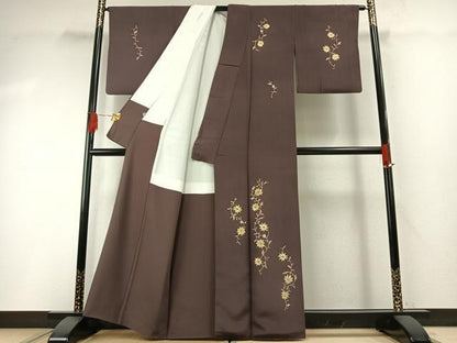 平和屋着物●訪問着　友禅　駒刺繍　花唐草文　滅紫色　金彩　正絹　逸品　AABG4702fy