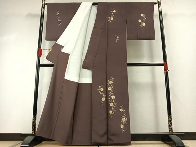 平和屋着物●訪問着　友禅　駒刺繍　花唐草文　滅紫色　金彩　正絹　逸品　AABG4702fy