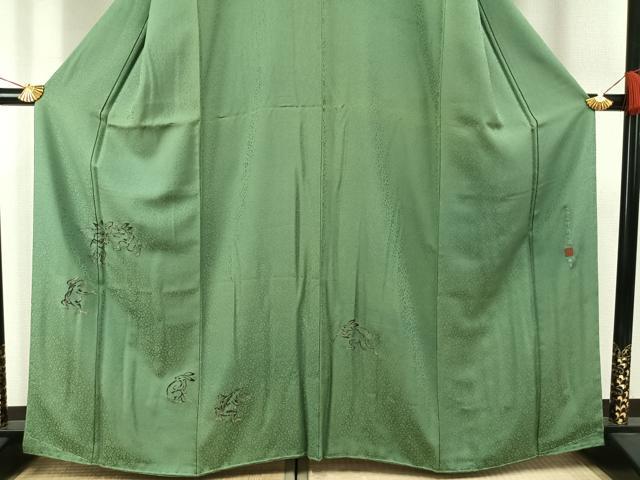 平和屋着物●中国人間国宝　将雪英　訪問着　中国三大刺繍　相良刺繍　総刺繍　鳥獣戯画　薄緑色　正絹　逸品　AABG4703fy