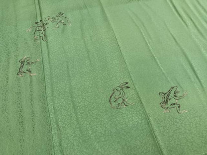 平和屋着物●中国人間国宝　将雪英　訪問着　中国三大刺繍　相良刺繍　総刺繍　鳥獣戯画　薄緑色　正絹　逸品　AABG4703fy