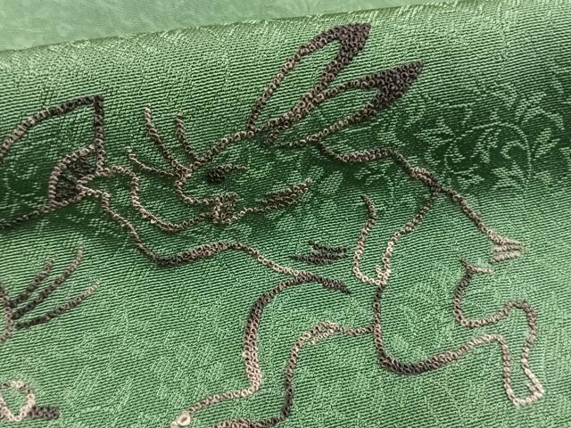 平和屋着物●中国人間国宝　将雪英　訪問着　中国三大刺繍　相良刺繍　総刺繍　鳥獣戯画　薄緑色　正絹　逸品　AABG4703fy
