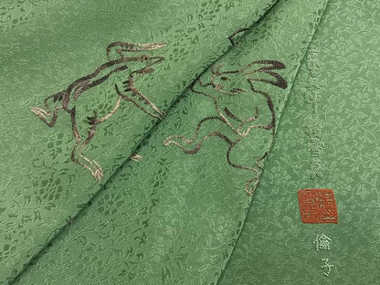平和屋着物●中国人間国宝　将雪英　訪問着　中国三大刺繍　相良刺繍　総刺繍　鳥獣戯画　薄緑色　正絹　逸品　AABG4703fy