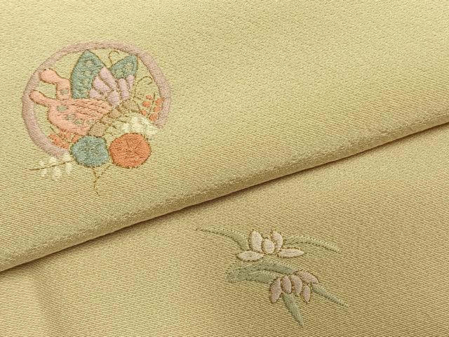 平和屋着物●上質な小紋　総刺繍　花蝶文　浅黄色　金糸　正絹　逸品　AABG4704fy