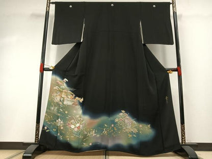 平和屋着物●京友禅の第一人者　松井青々　黒留袖　駒刺繍　風景花文　暈し染め　金彩　正絹　逸品　AABG4705fy