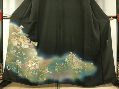 平和屋着物●京友禅の第一人者　松井青々　黒留袖　駒刺繍　風景花文　暈し染め　金彩　正絹　逸品　AABG4705fy