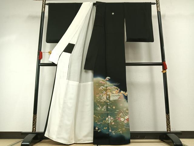 平和屋着物●京友禅の第一人者　松井青々　黒留袖　駒刺繍　風景花文　暈し染め　金彩　正絹　逸品　AABG4705fy