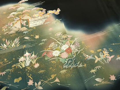 平和屋着物●京友禅の第一人者　松井青々　黒留袖　駒刺繍　風景花文　暈し染め　金彩　正絹　逸品　AABG4705fy