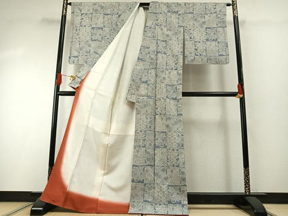 平和屋着物●本場結城紬　重要無形文化財　モロ入り　100亀甲　市松花文　正絹　逸品　AABG4711fy