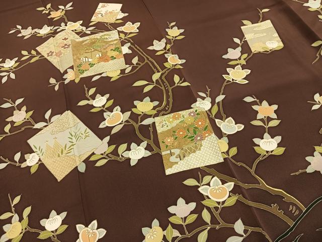 平和屋着物●訪問着　友禅　駒刺繍　色紙風景花文　金彩　そめの近江謹製　正絹　逸品　AABG4719fy