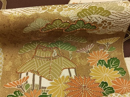 平和屋着物●訪問着　友禅　駒刺繍　色紙風景花文　金彩　そめの近江謹製　正絹　逸品　AABG4719fy
