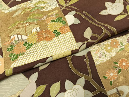平和屋着物●訪問着　友禅　駒刺繍　色紙風景花文　金彩　そめの近江謹製　正絹　逸品　AABG4719fy