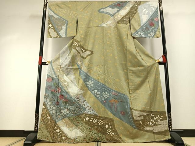平和屋着物●訪問着　絞り　刺繍　貝紫　草花文　金糸　金彩　正絹　逸品　AABG4720fy