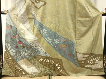 平和屋着物●訪問着　絞り　刺繍　貝紫　草花文　金糸　金彩　正絹　逸品　AABG4720fy