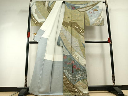 平和屋着物●訪問着　絞り　刺繍　貝紫　草花文　金糸　金彩　正絹　逸品　AABG4720fy