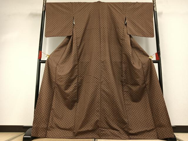 平和屋着物●石川県指定無形文化財　牛首紬　白山工房　手織り　市松文様　正絹　逸品　AABG4735fy