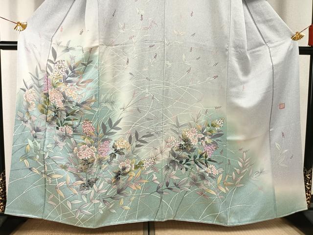 平和屋着物●訪問着　友禅　作家物　手描き　草花文　暈し染め　金銀彩　正絹　逸品　AABG4744fy