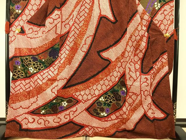 平和屋着物●豪華振袖　駒刺繍　絞り　草花文　金彩　正絹　逸品　AABG4745fy