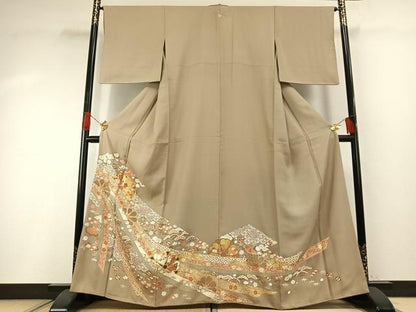 平和屋着物●豪華色留袖　友禅　駒刺繍　熨斗花文　金彩　正絹　逸品　AABG4746fy