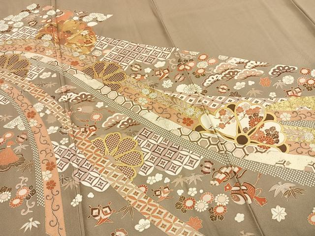 平和屋着物●豪華色留袖　友禅　駒刺繍　熨斗花文　金彩　正絹　逸品　AABG4746fy
