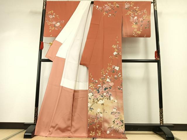 平和屋着物●訪問着　草花文　暈し染め　金銀彩　ロング丈　正絹　逸品　AABG4758fy
