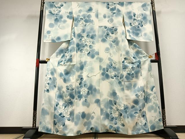 平和屋着物●染色作家　斉藤三才　小紋　手描き　薔薇　暈し染め　正絹　逸品　AABG4762fy