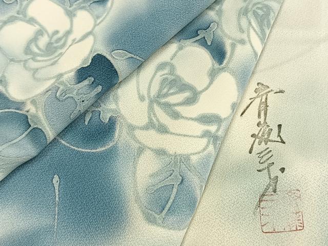 平和屋着物●染色作家　斉藤三才　小紋　手描き　薔薇　暈し染め　正絹　逸品　AABG4762fy