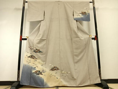 平和屋着物●訪問着　紬地　草花文　金彩　正絹　逸品　未使用　AABG4769fy