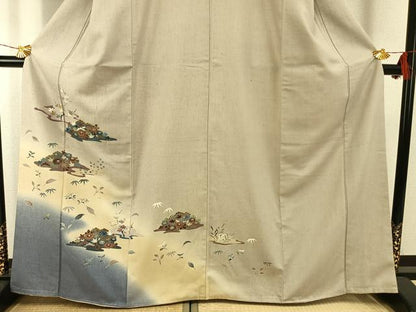 平和屋着物●訪問着　紬地　草花文　金彩　正絹　逸品　未使用　AABG4769fy