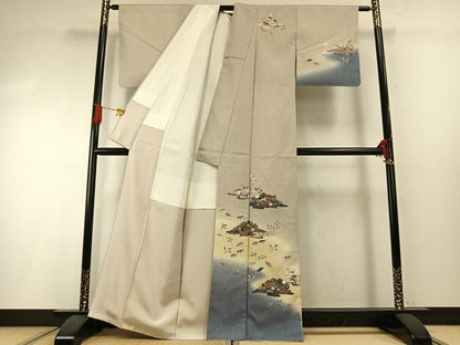 平和屋着物●訪問着　紬地　草花文　金彩　正絹　逸品　未使用　AABG4769fy