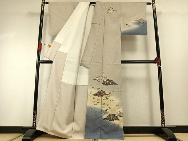 平和屋着物●訪問着　紬地　草花文　金彩　正絹　逸品　未使用　AABG4769fy