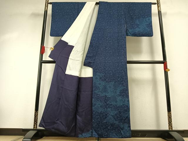 平和屋着物●二代目 楠本忠　訪問着　本藍　型染め　草花文　正絹　逸品　AABG4780fy