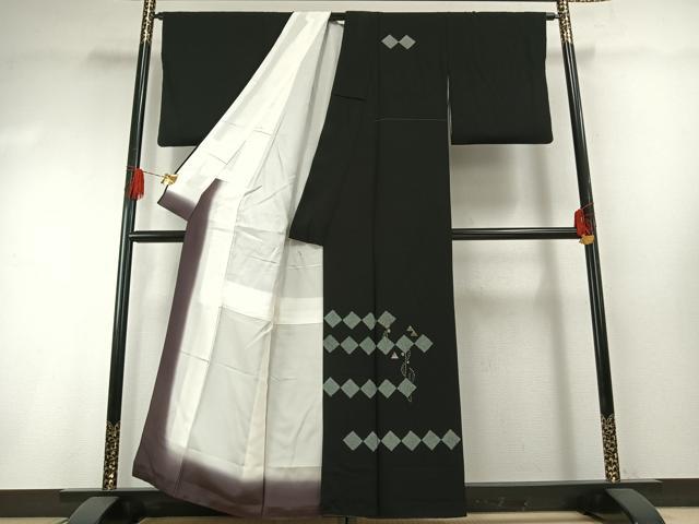 平和屋着物●訪問着　刺繍　菱文　黒地　金銀糸　金彩　正絹　逸品　AABG4784fy