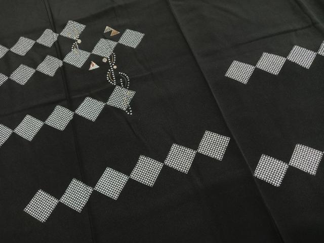 平和屋着物●訪問着　刺繍　菱文　黒地　金銀糸　金彩　正絹　逸品　AABG4784fy