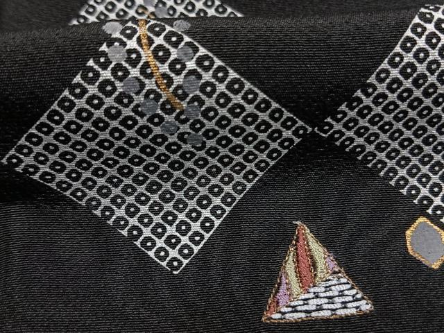 平和屋着物●訪問着　刺繍　菱文　黒地　金銀糸　金彩　正絹　逸品　AABG4784fy