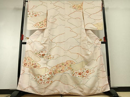 平和屋着物●訪問着　友禅　駒刺繍　雲取り花文　金彩　正絹　逸品　AABG4786fy