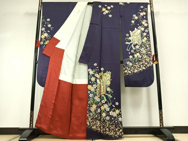 平和屋着物●豪華振袖　御所車花文　金銀彩　正絹　逸品　AABG4788fy