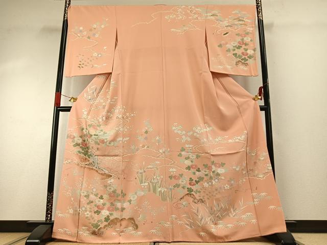 平和屋着物●訪問着　友禅　駒刺繍　御所車花文　暈し染め　金彩　正絹　逸品　AABG4810fy